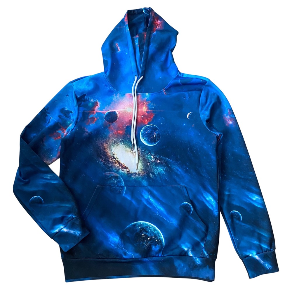 Mens Galaxy Print Hoodie Blue Space Planet Nebula Pullover Sweatshirt Small
